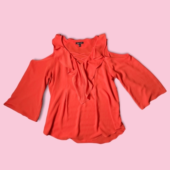 Sami & Jo Tops - Bright Red Ruffle Cold Should Blouse Bell Sleeves Lace Up Neck Detail Sz Medium